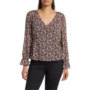 Nordstrom Women's Floral Sheer Chiffon Long Sleeve Peplum Top Layered Size Large